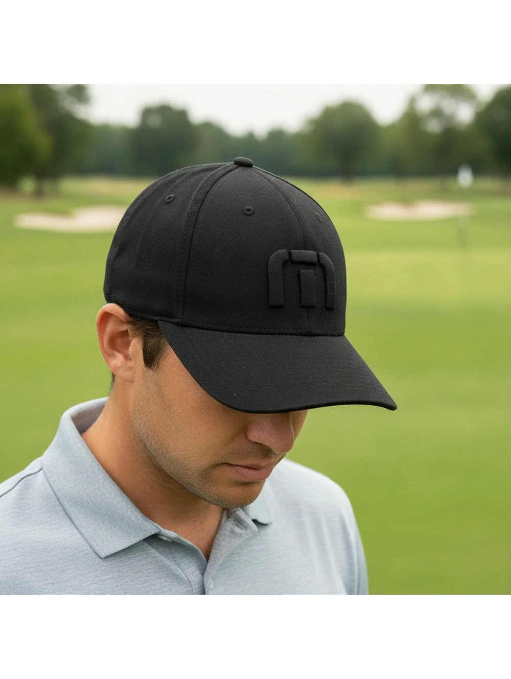 TravisMathew Flexfit Black Golf Logo Hat Adult S-M Size